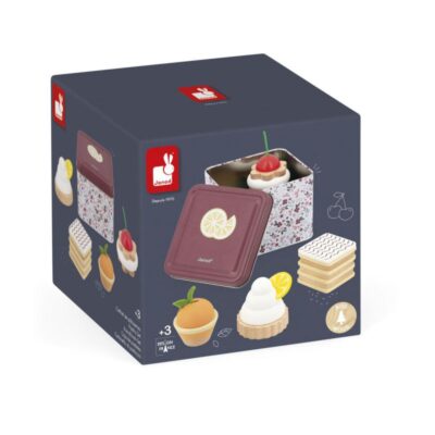 Boîte du Coffret de pâtisseries Twist Janod J06627 avec quatre gâteaux en bois