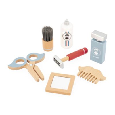Sept accessoires en bois de la Mallette du barbier Janod avec rasoir, blaireau, peigne et ciseaux