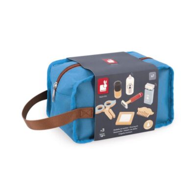 Mallette du barbier Janod J06552 bleue avec poignée et présentation des 7 accessoires