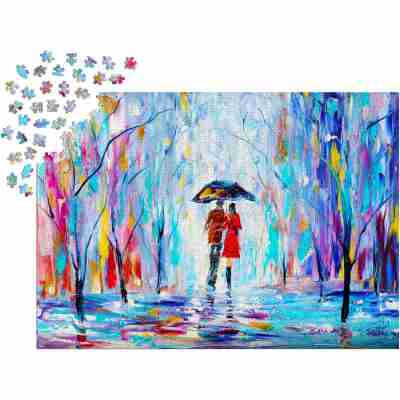 Ptit Loustic – Magasin de jeux et jouets à Saint-Étienne 8 Puzzle Enjoy Rainy Love de 1000 pièces en cours d’assemblage avec pièces disposées autour