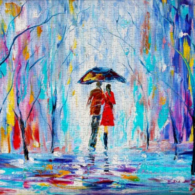 Puzzle Rainy Love Enjoy assemblé représentant un couple sous la pluie dans un paysage coloré