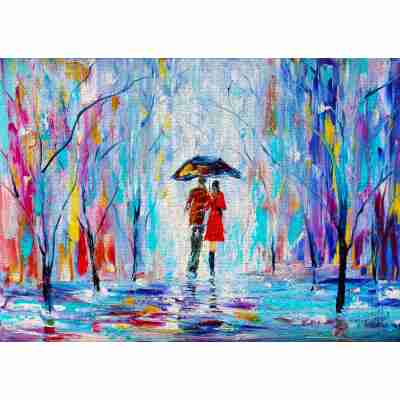 Puzzle Rainy Love Enjoy assemblé représentant un couple sous la pluie dans un paysage coloré