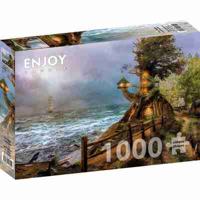 Boîte du puzzle The Magic Lighthouse Enjoy de 1000 pièces avec arbre habité au bord de la mer