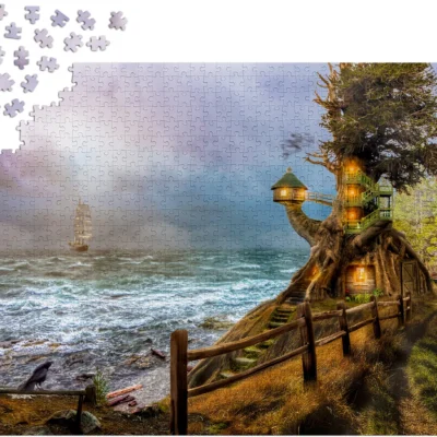 Puzzle Enjoy The Magic Lighthouse de 1000 pièces en cours d’assemblage avec pièces détachées