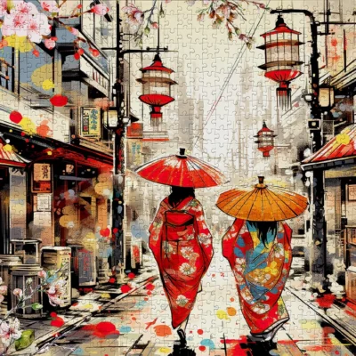 Puzzle Tokyo Stroll Enjoy assemblé représentant deux femmes en kimono dans une rue japonaise