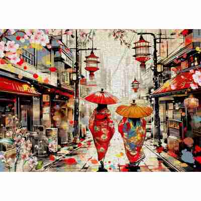 Puzzle Tokyo Stroll Enjoy assemblé représentant deux femmes en kimono dans une rue japonaise