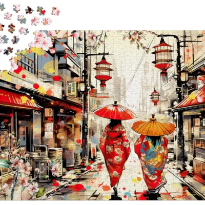 Ptit Loustic – Magasin de jeux et jouets à Saint-Étienne 12 Puzzle Enjoy Tokyo Stroll de 1000 pièces en cours d’assemblage avec lanternes, kimonos et fleurs