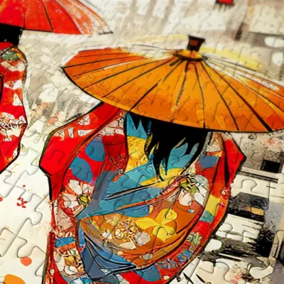 Gros plan sur les pièces du puzzle Tokyo Stroll avec kimono coloré et ombrelle japonaise