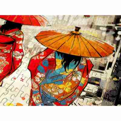 Gros plan sur les pièces du puzzle Tokyo Stroll avec kimono coloré et ombrelle japonaise