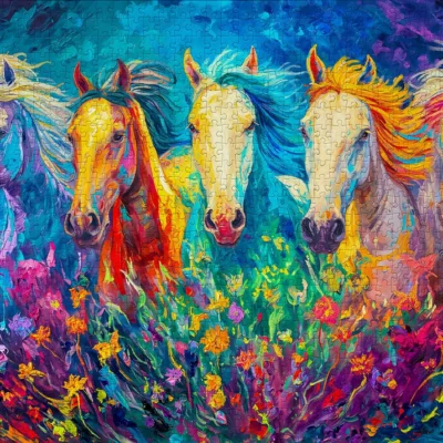 Puzzle Bright Galloping Enjoy assemblé avec cinq chevaux entourés de fleurs colorées