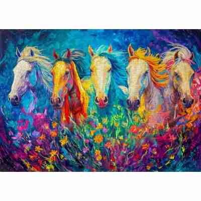 Puzzle Bright Galloping Enjoy assemblé avec cinq chevaux entourés de fleurs colorées