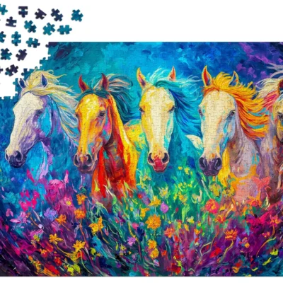 Ptit Loustic – Magasin de jeux et jouets à Saint-Étienne 10 Puzzle Enjoy Bright Galloping de 1000 pièces en cours d’assemblage avec chevaux et fleurs