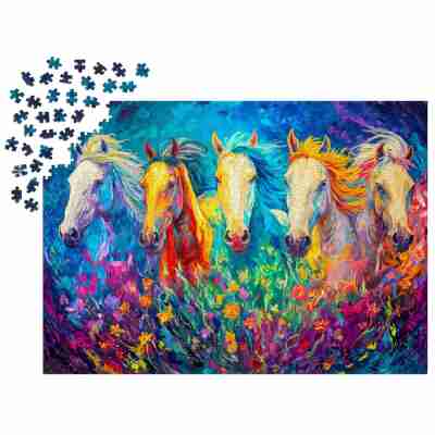 Ptit Loustic – Magasin de jeux et jouets à Saint-Étienne 10 Puzzle Enjoy Bright Galloping de 1000 pièces en cours d’assemblage avec chevaux et fleurs