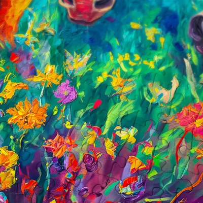 Gros plan sur les pièces colorées du puzzle Bright Galloping parmi les fleurs sous les chevaux