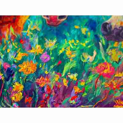 Gros plan sur les pièces colorées du puzzle Bright Galloping parmi les fleurs sous les chevaux