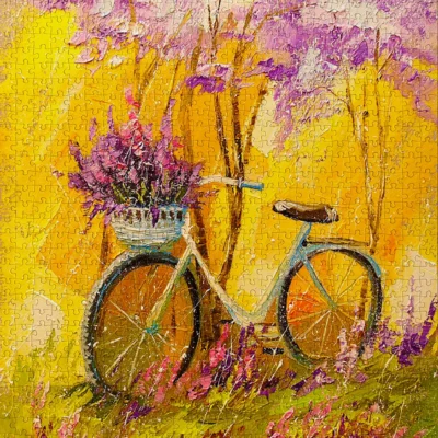 Puzzle My Bike Enjoy assemblé représentant un vélo fleuri dans un paysage jaune et violet