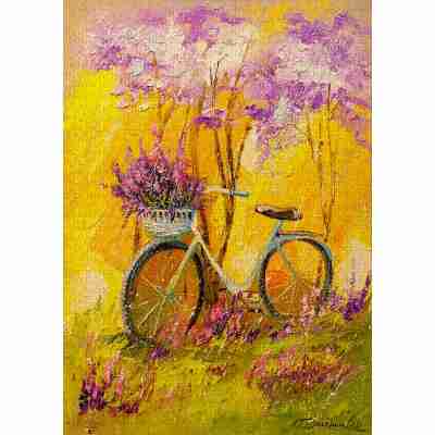 Puzzle My Bike Enjoy assemblé représentant un vélo fleuri dans un paysage jaune et violet