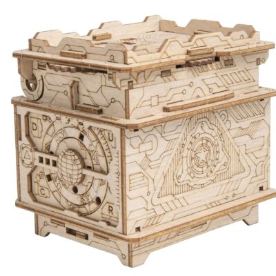 Orbital Box Escape Welt en bois avec gravures et mécanismes sur plusieurs faces