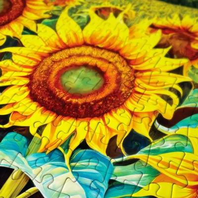 Gros plan sur les pièces du puzzle Sunflower House représentant des tournesols jaunes