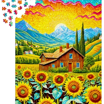 Ptit Loustic – Magasin de jeux et jouets à Saint-Étienne 14 Puzzle Enjoy Sunflower House de 1000 pièces en cours d’assemblage avec pièces aux formes variées