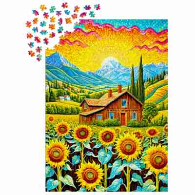 Ptit Loustic – Magasin de jeux et jouets à Saint-Étienne 14 Puzzle Enjoy Sunflower House de 1000 pièces en cours d’assemblage avec pièces aux formes variées