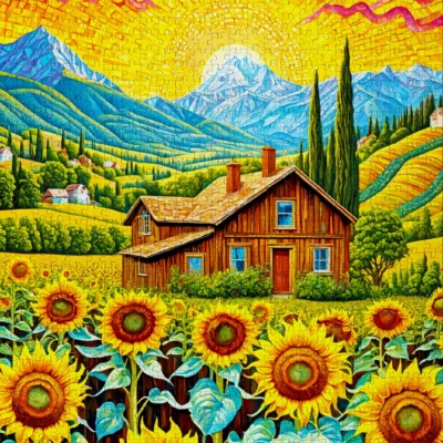 Puzzle Sunflower House Enjoy assemblé avec champ de tournesols, maison en bois et montagnes