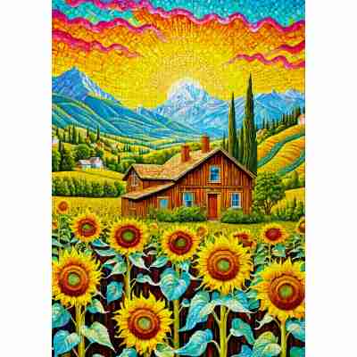 Puzzle Sunflower House Enjoy assemblé avec champ de tournesols, maison en bois et montagnes