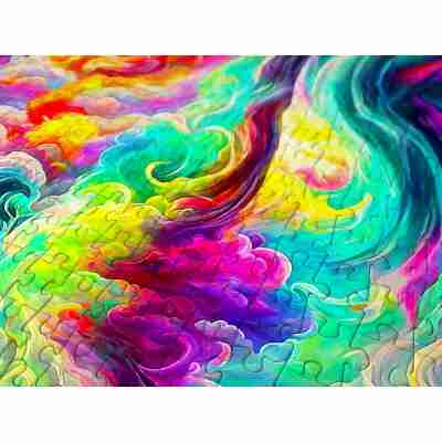 Gros plan sur les pièces colorées du puzzle Enjoy All My Dreams et leurs formes variées