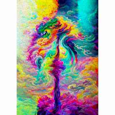 Puzzle All My Dreams Enjoy assemblé avec volutes abstraites turquoise, jaunes, roses et violettes