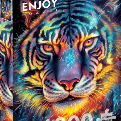 Boîte du puzzle Tiger Resilience Enjoy de 1000 pièces avec portrait de tigre coloré