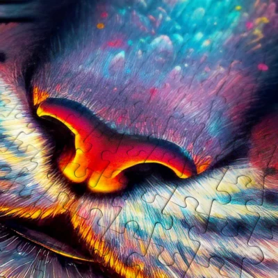 Détail des pièces du puzzle Tiger Resilience sur le museau coloré du tigre
