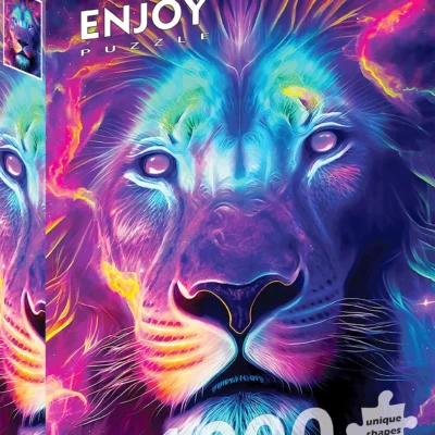 Boîte du puzzle His Majesty Enjoy de 1000 pièces représentant un lion aux couleurs électriques