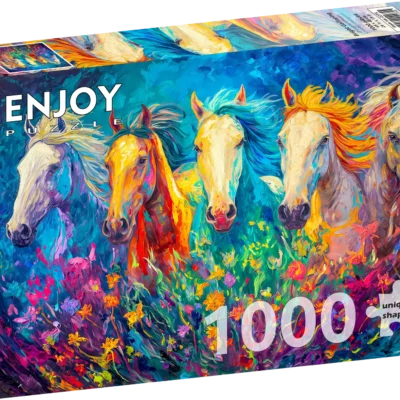 Ptit Loustic – Magasin de jeux et jouets à Saint-Étienne 9 Boîte du puzzle Enjoy Bright Galloping de 1000 pièces représentant cinq chevaux colorés