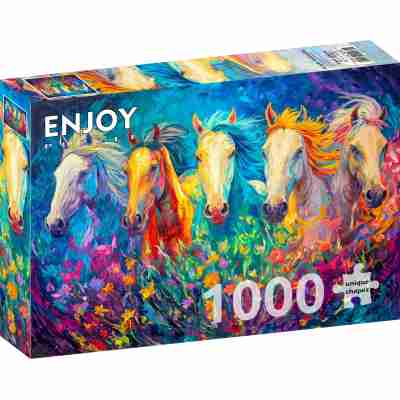Ptit Loustic – Magasin de jeux et jouets à Saint-Étienne 9 Boîte du puzzle Enjoy Bright Galloping de 1000 pièces représentant cinq chevaux colorés