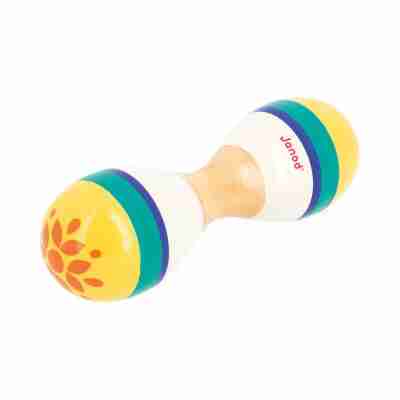 Double Maracas Gioia Janod en bois jaune, vert, blanc et bleu