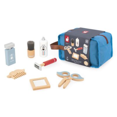 Ptit Loustic – Magasin de jeux et jouets à Saint-Étienne 1 Jeu d'imitation Mallette du barbier Janod avec 7 accessoires en bois et mallette bleue