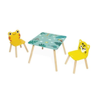 Table Tropik Janod avec deux chaises enfant grenouille et jaguar