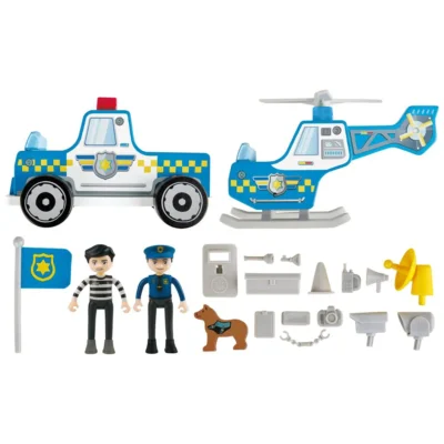 Accessoires du Commissariat Hape avec voiture, hélicoptère, policier, prisonnier et chien policier