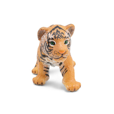 Bébé tigre Papo vu de face avec ses yeux verts et son pelage rayé
