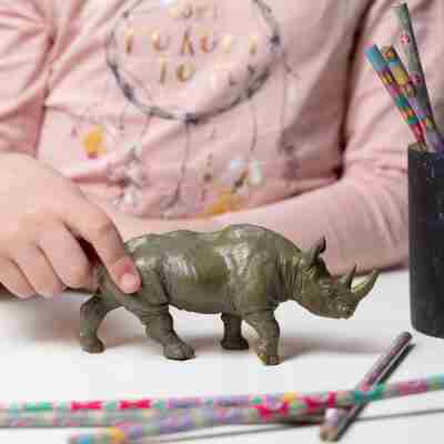 Enfant jouant avec la figurine Rhinocéros noir Papo 50066