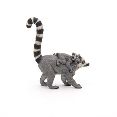 Figurine Lémurien Papo 50173 de profil avec bébé sur le dos et queue annelée