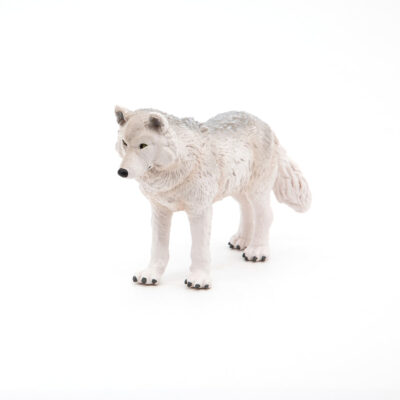 Loup polaire Papo blanc et gris vu de trois quarts avec queue touffue