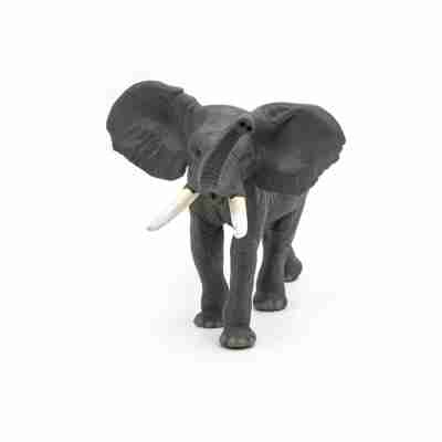 Figurine Éléphant Papo vue de face avec grandes oreilles, trompe relevée et défenses