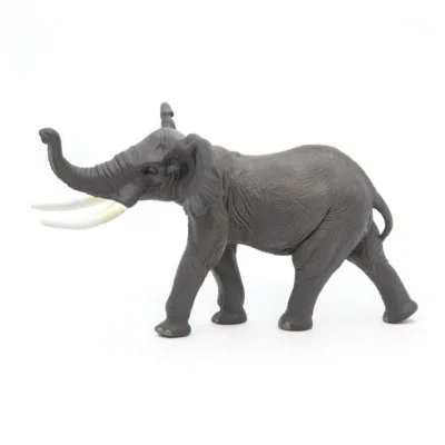 Figurine Éléphant Papo de profil avec peau grise texturée, trompe levée et défenses