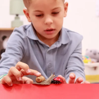Enfant jouant avec la figurine Coccinelle Papo et une figurine escargot