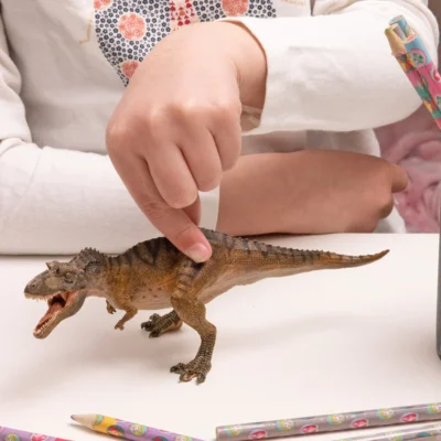 Enfant jouant avec la figurine Gorgosaurus Papo 55074 à mâchoire articulée