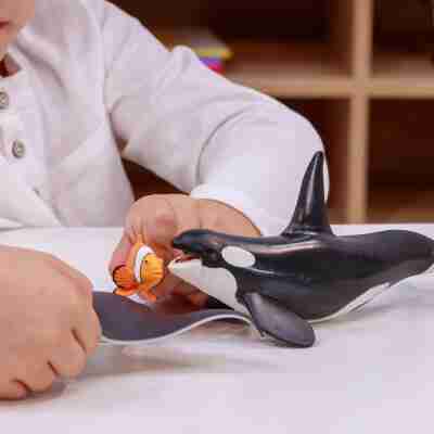 Enfant jouant avec la figurine Orque Papo et différentes figurines d’animaux marins