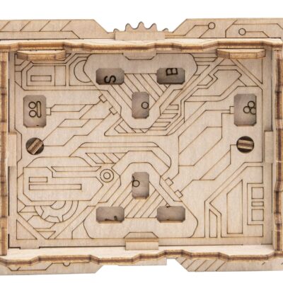 Vue du dessus de l’Orbital Box avec symboles et pièces mobiles en bois