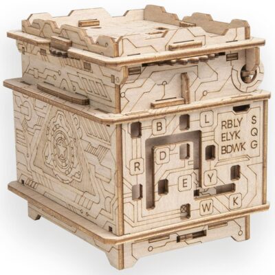 Vue arrière de l’Orbital Box Escape Welt avec lettres et mécanismes d’énigmes