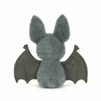 Vue arrière de Broox Bat Jellycat montrant sa fourrure et ses deux grandes ailes déployées